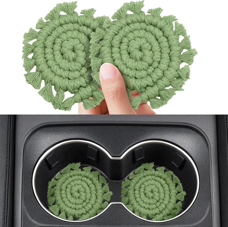 2 Pzas Portavasos Algodón Macramé para Coche Verde Oscuro