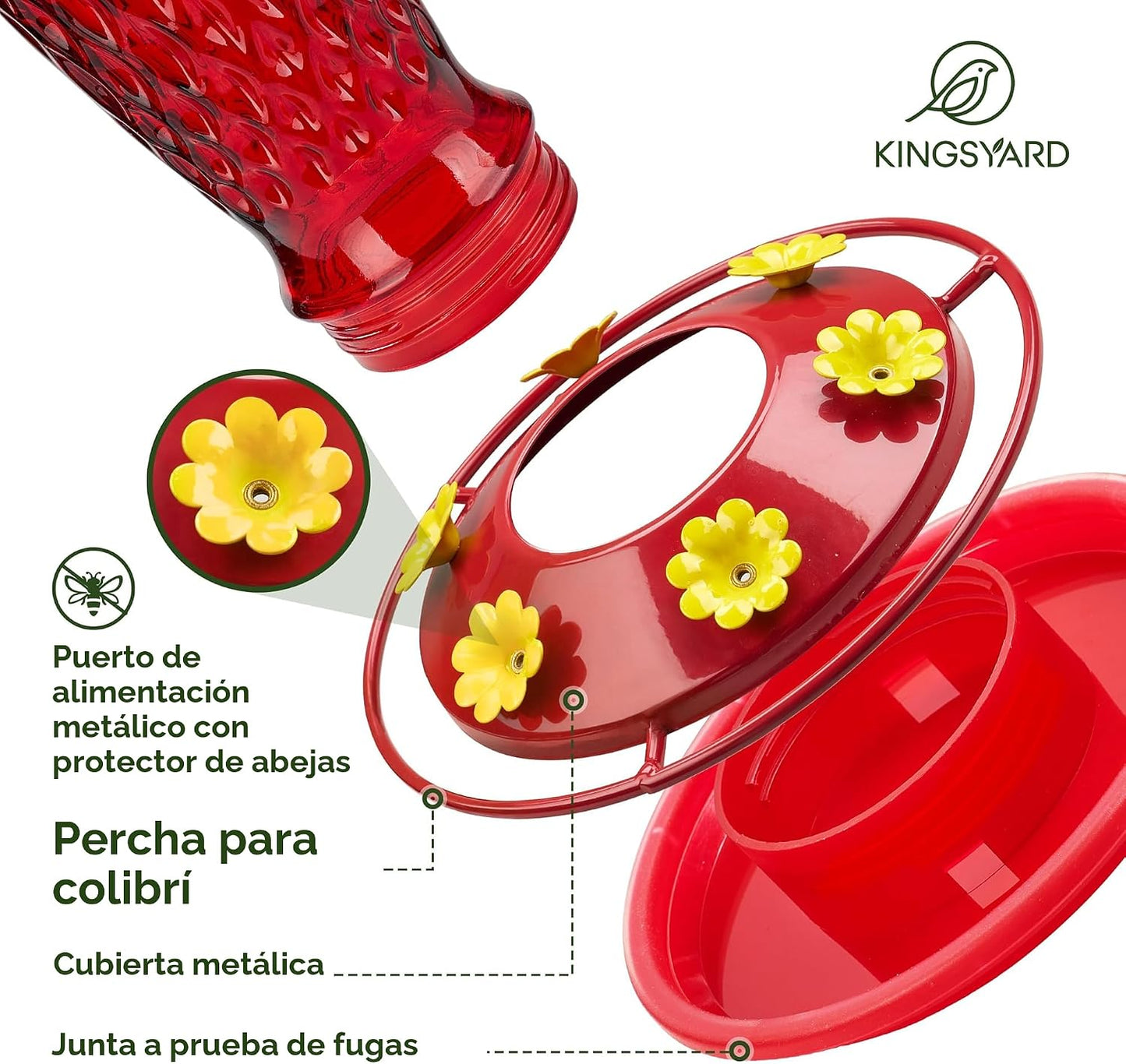Comedero colibríes vidrio 24oz con foso hormigas 6 puertos