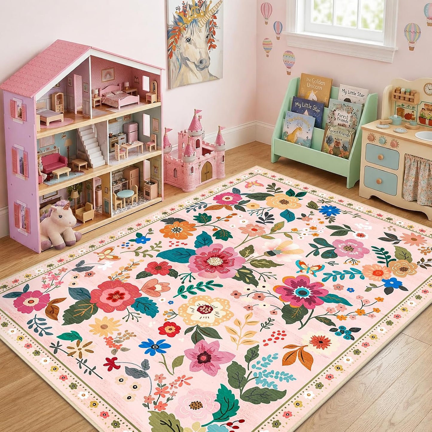 Alfombra floral antiderrap sala dormitorio rosa