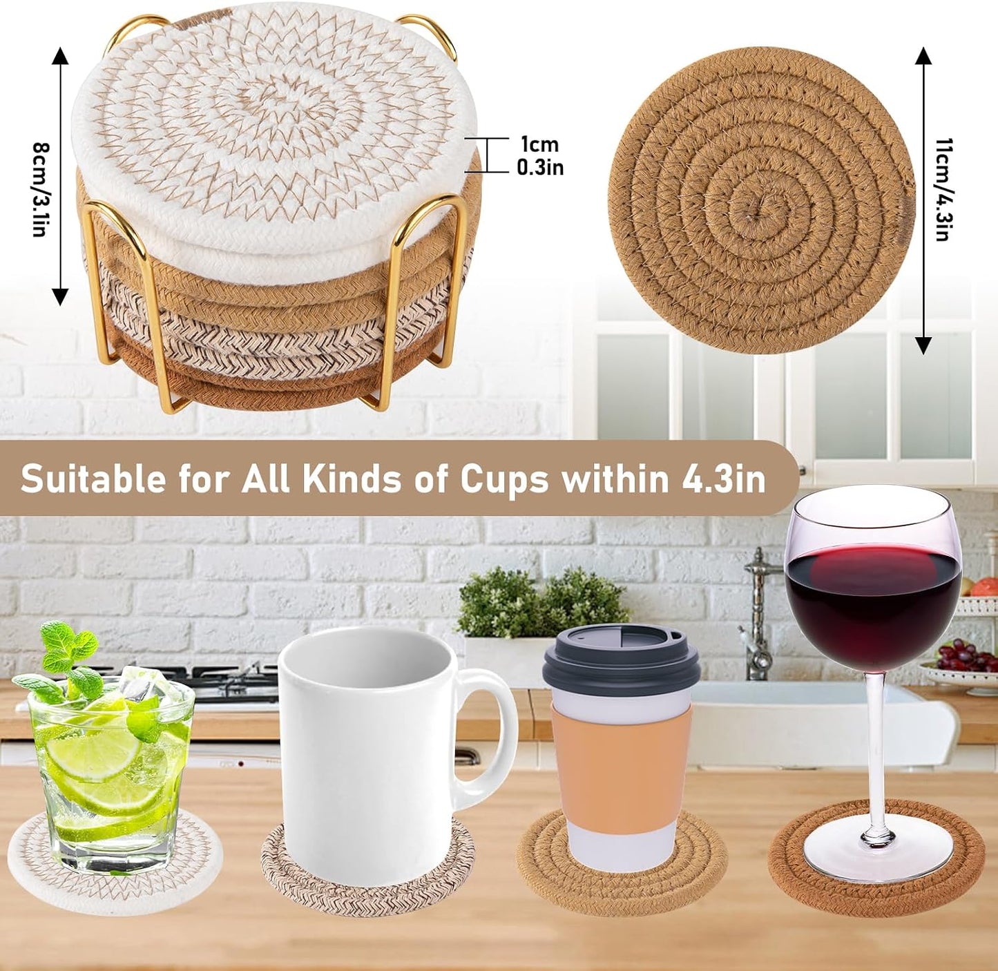 Set 8 posavasos algodón tejido con soporte para bebidas