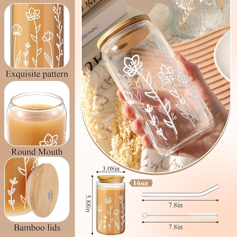 Vaso vidrio 16oz con tapa y pajita bambú flor bohemia