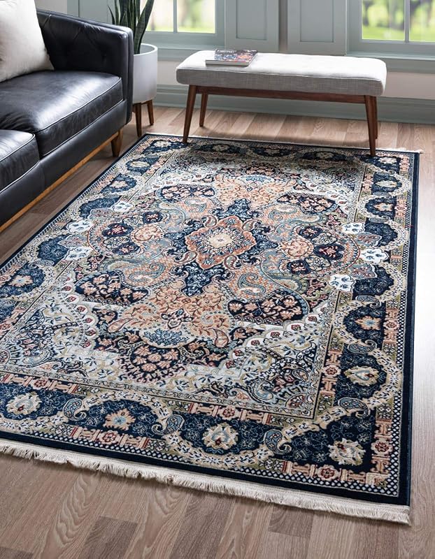 Alfombra clásica texturizada 10x13ft azul marino bronceado