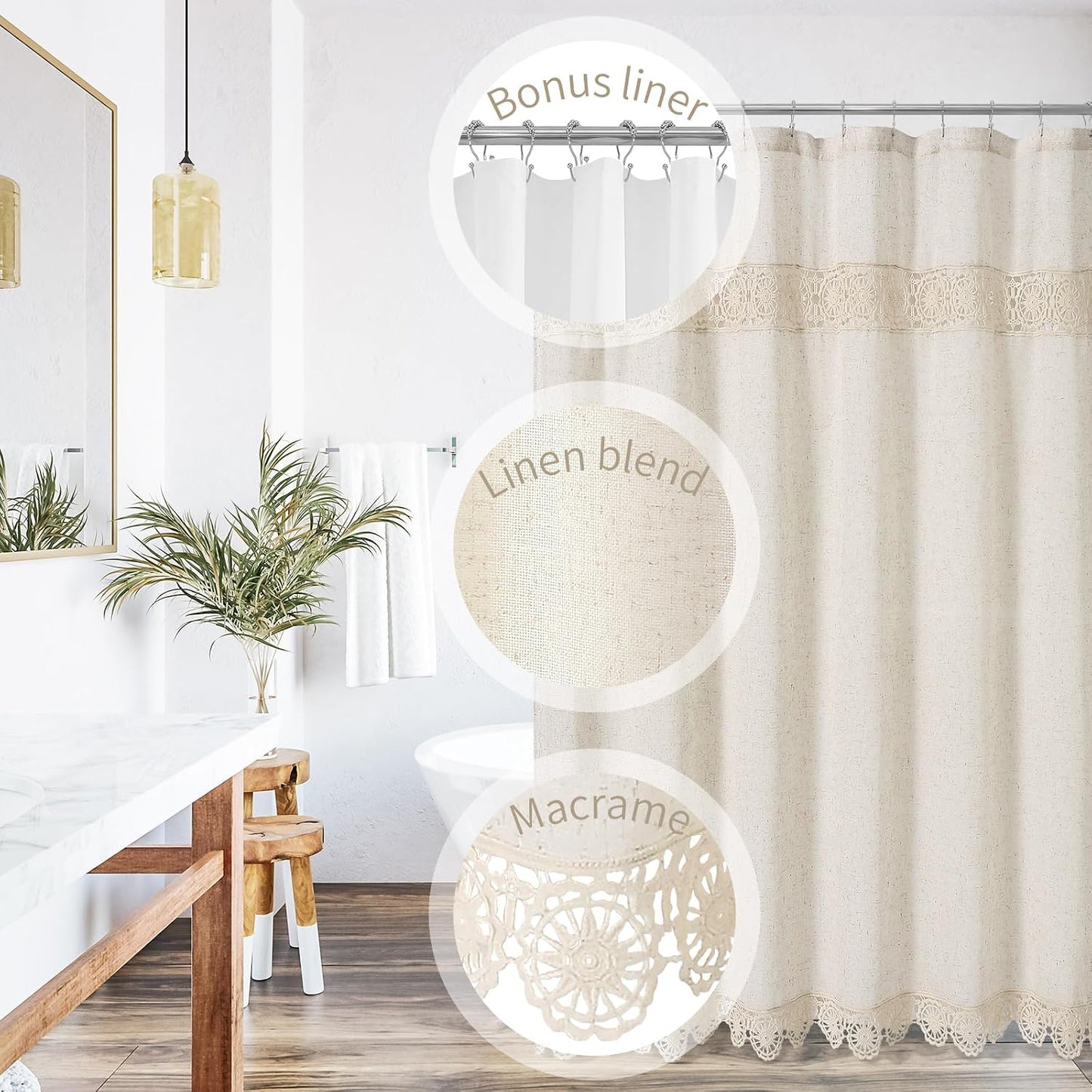 Cortina ducha boho farmhouse tela algodón lino encaje macramé forro