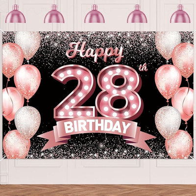 Cartel feliz cumpleaños 28 color oro rosa decoración temática