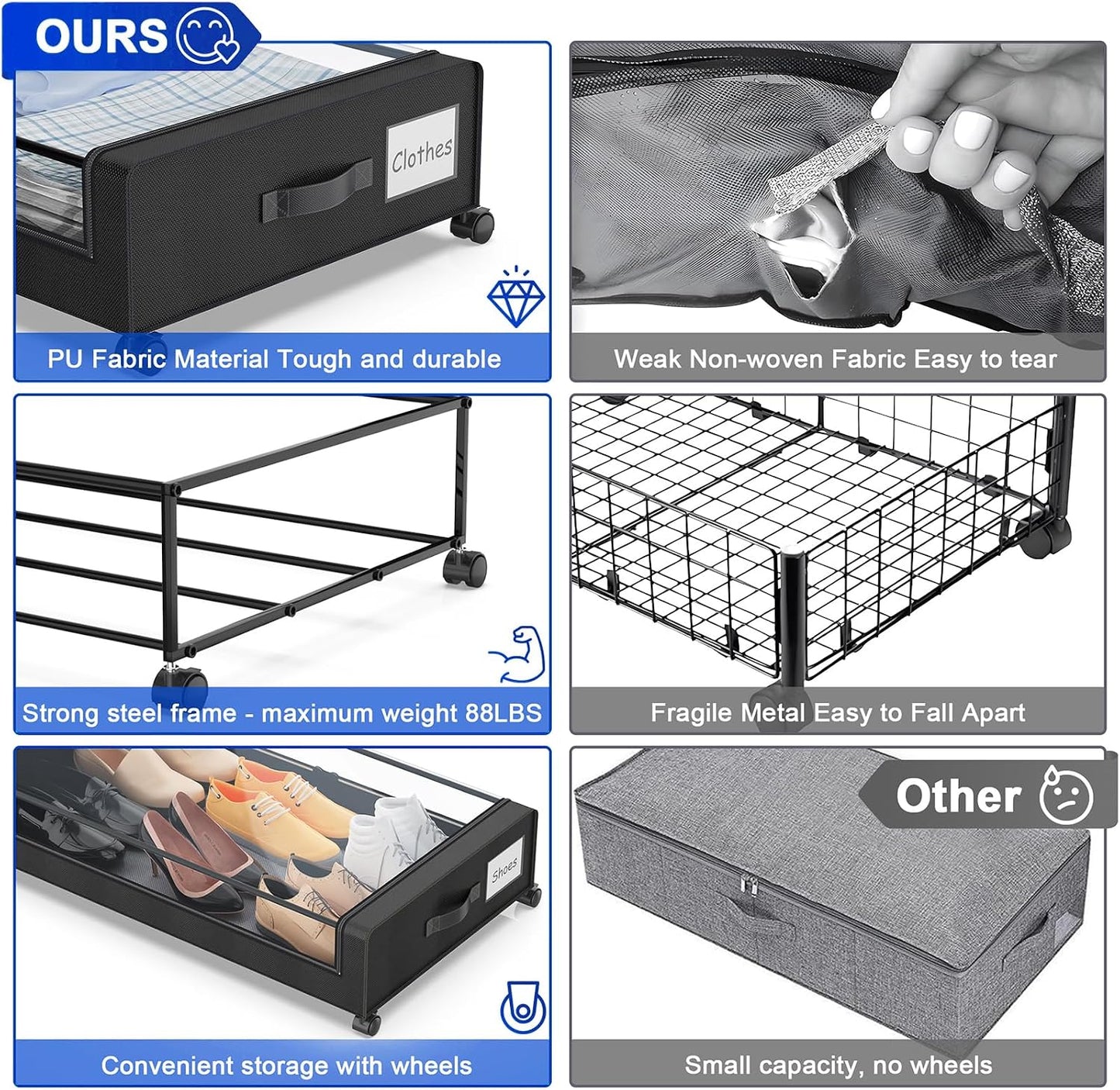 4 Pzas Organiz. Almacenamiento Cama con Ruedas XXL 60L