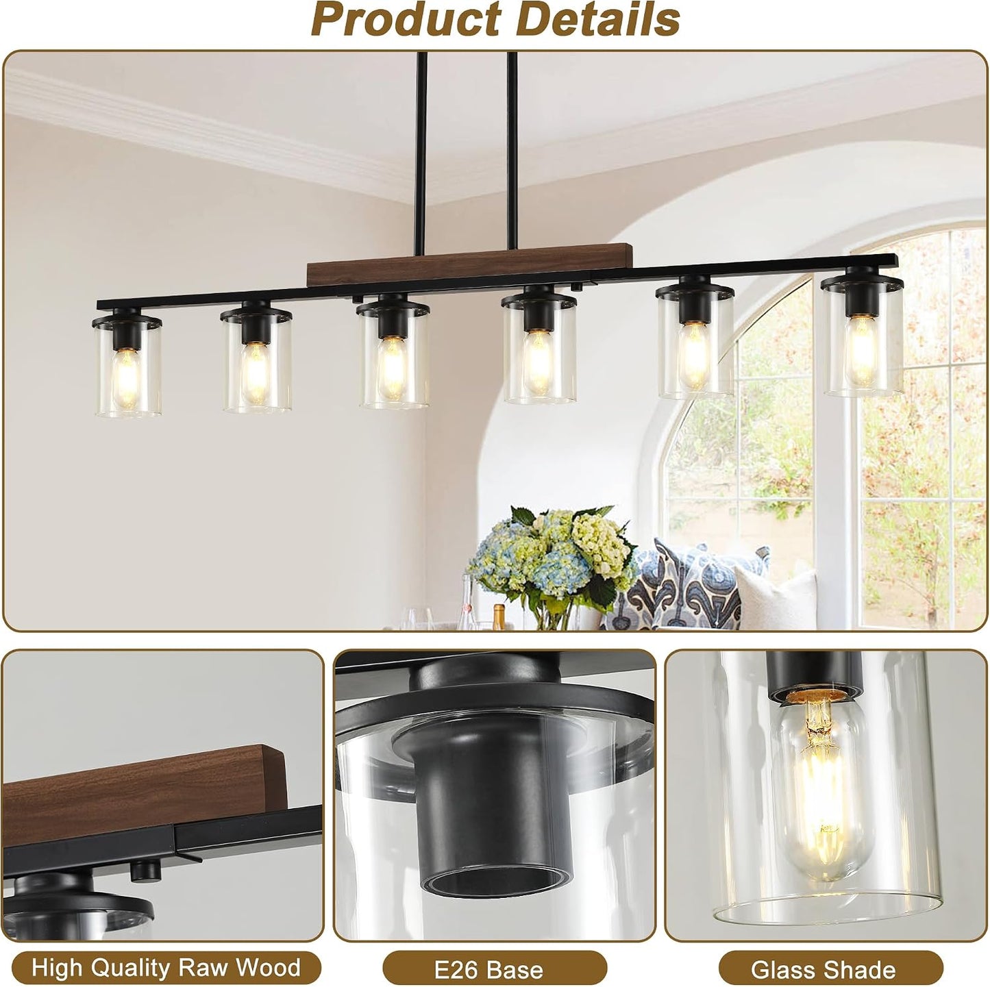 Lámpara isla cocina 47pulg 6 luces madera negra