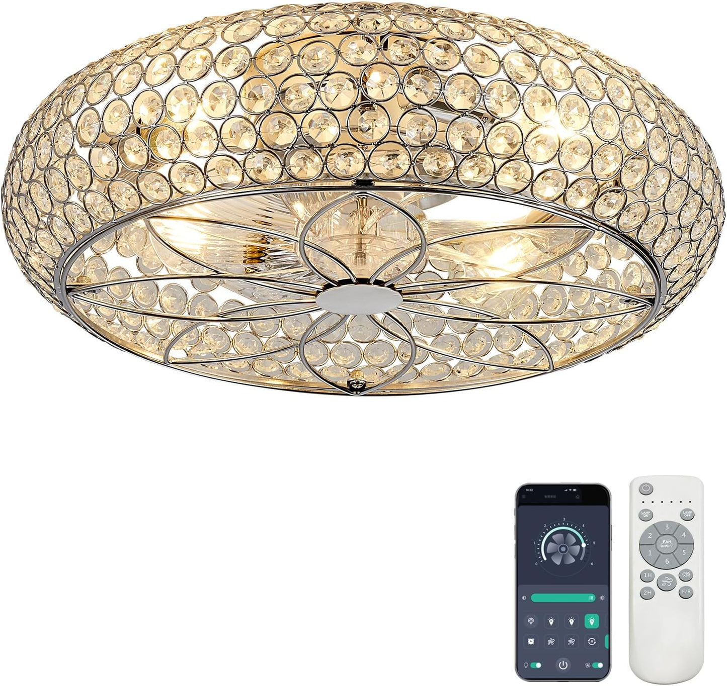 Ventilador techo cromado con luz 20pulg cristal 6 velocidades