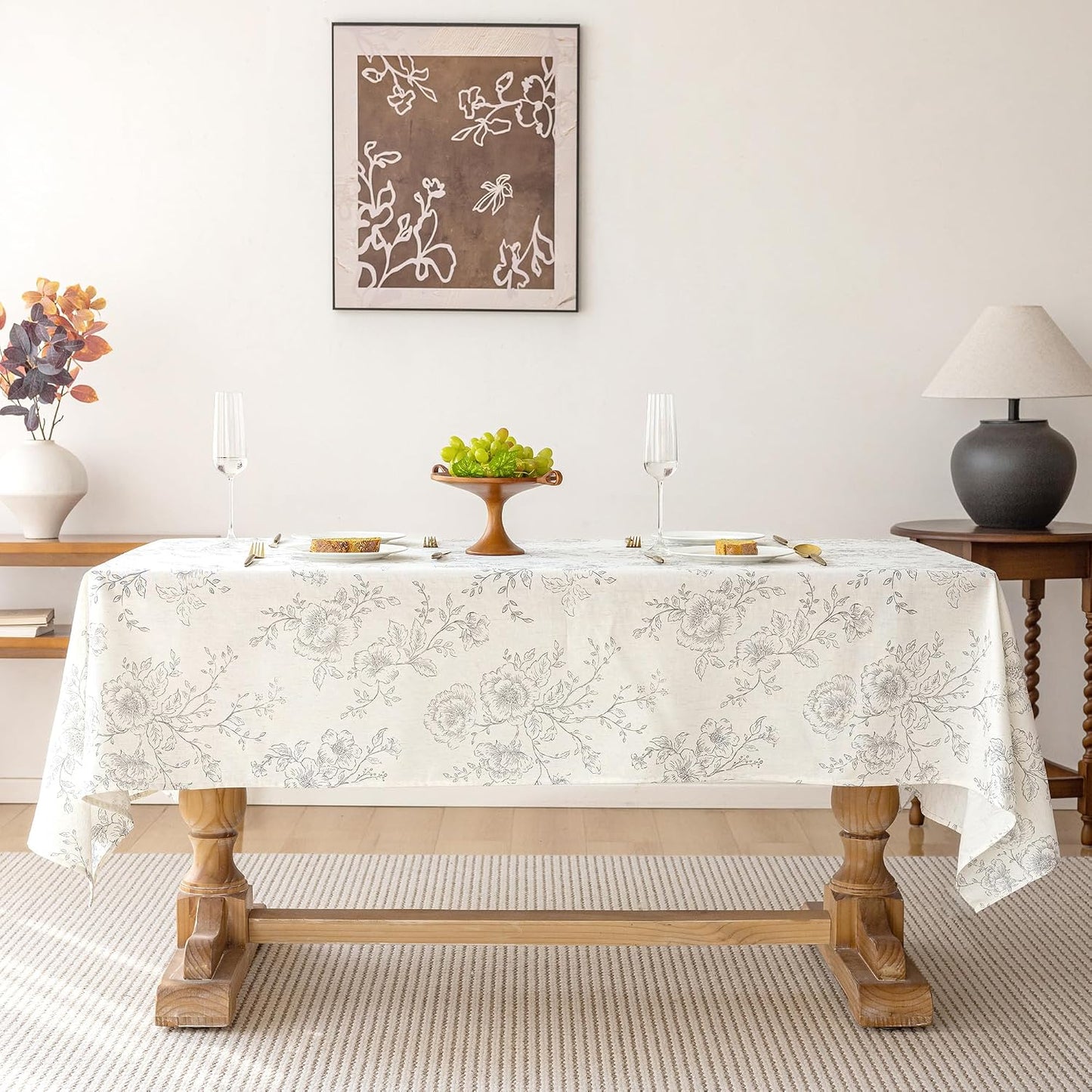 Mantel ovalado lino floral 55x120pulg vintage gris crema