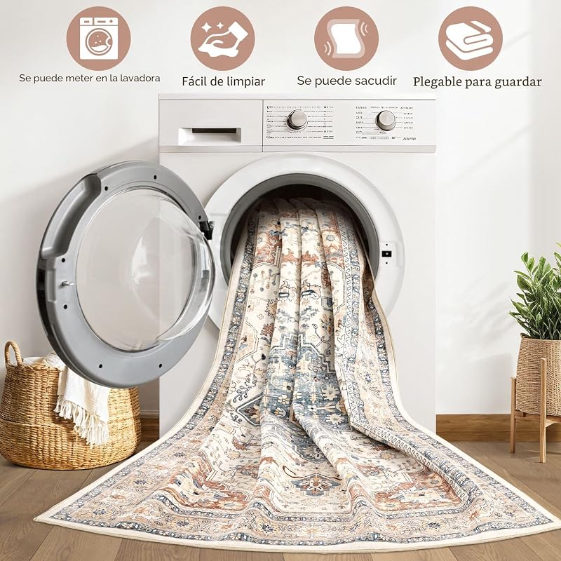 Tapete sala estilo bohemio 9x12ft beige y azul antiderrap