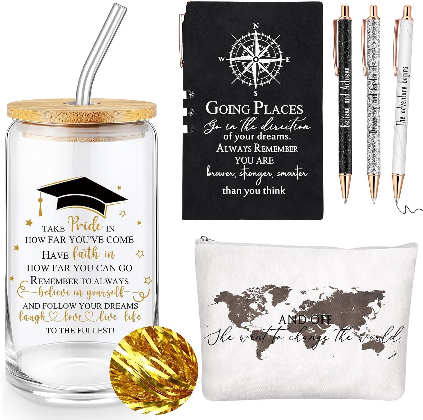 Set 6 Bolsa Vidrio 16oz Maquillaje Brújula Diario Negro