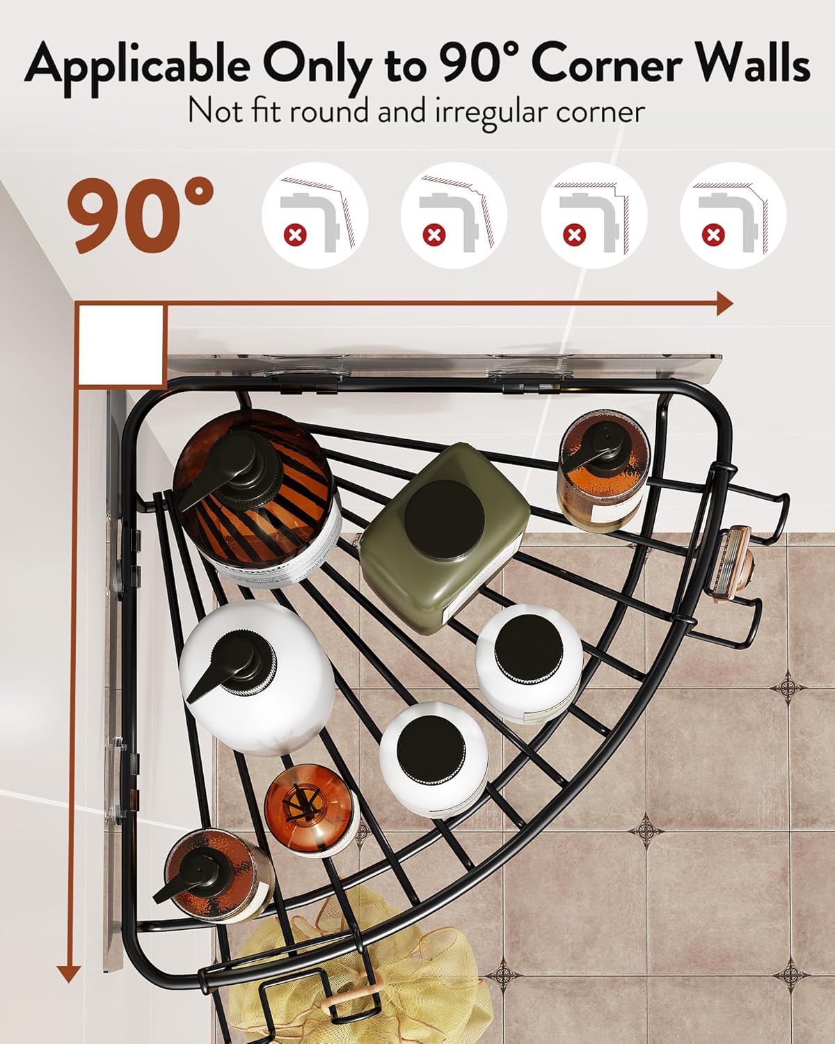 Organiz. esquinero ducha acero inox con ganchos adhesivo negro