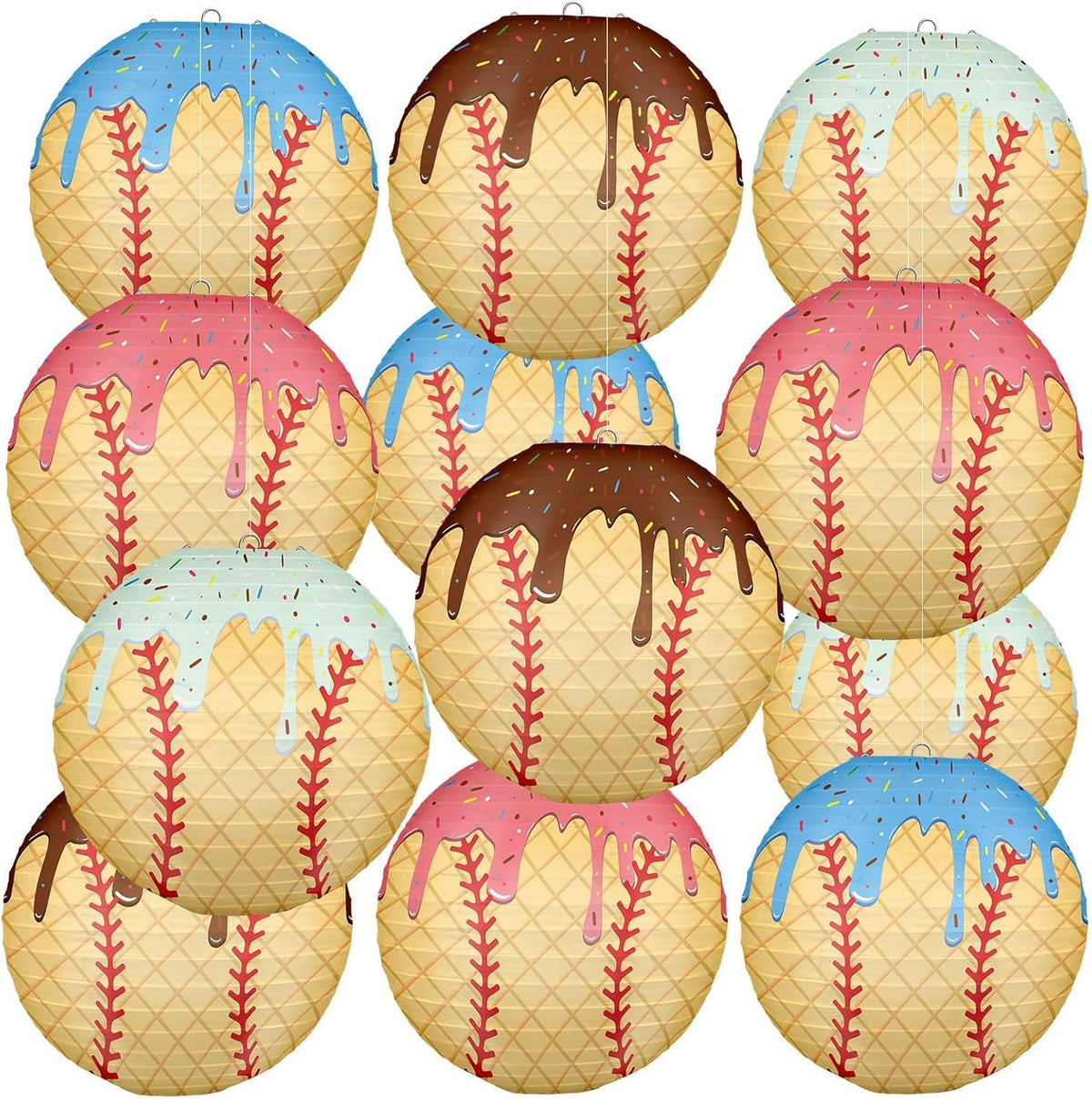 12 Linternas Papel Goteo Helado Béisbol para Fierras