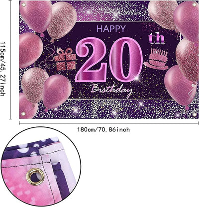 Decoración cumpleaños 20 años niña pancarta rosa telón fondo