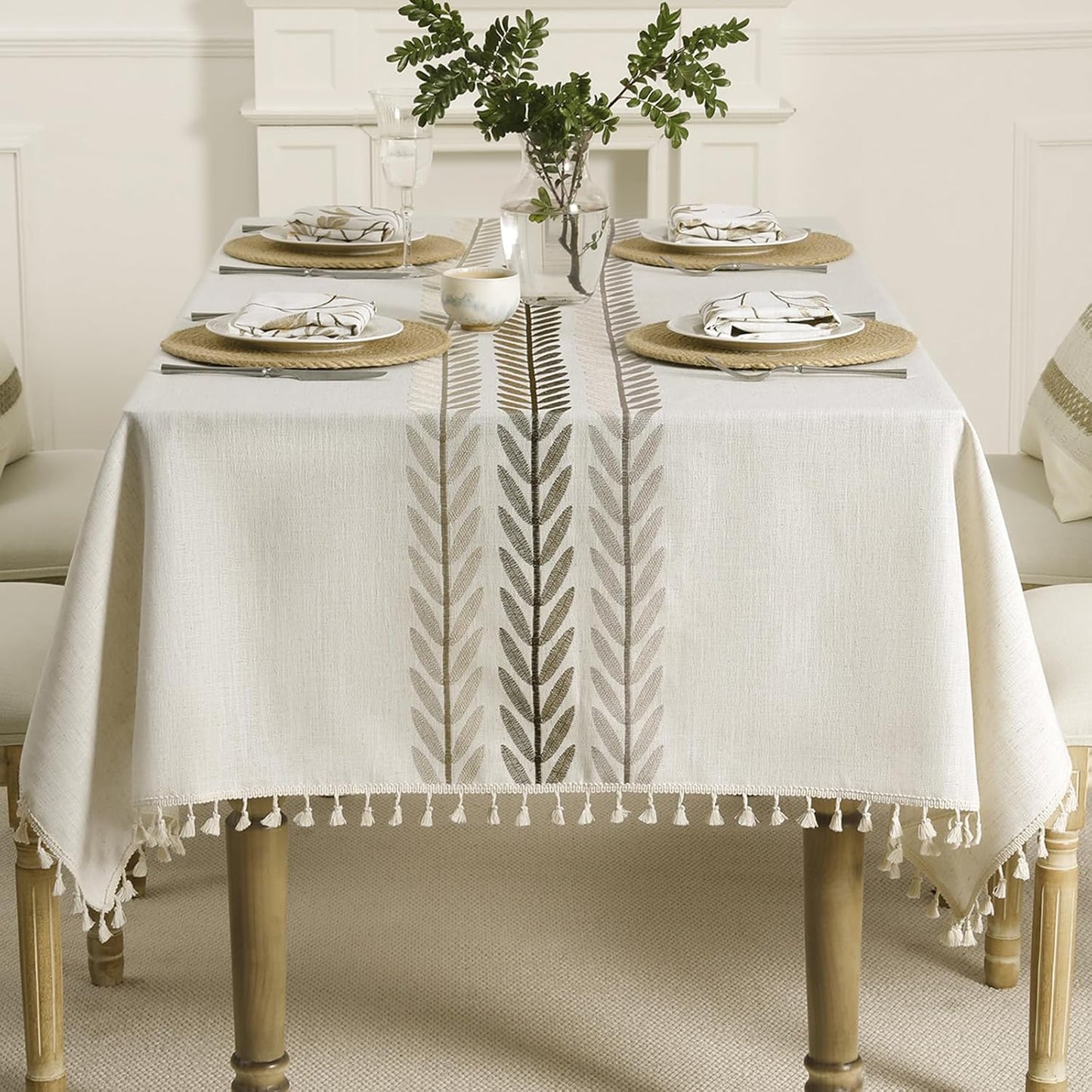 Mantel rectangular bohemio lino algodón con borlas 55x94pulg