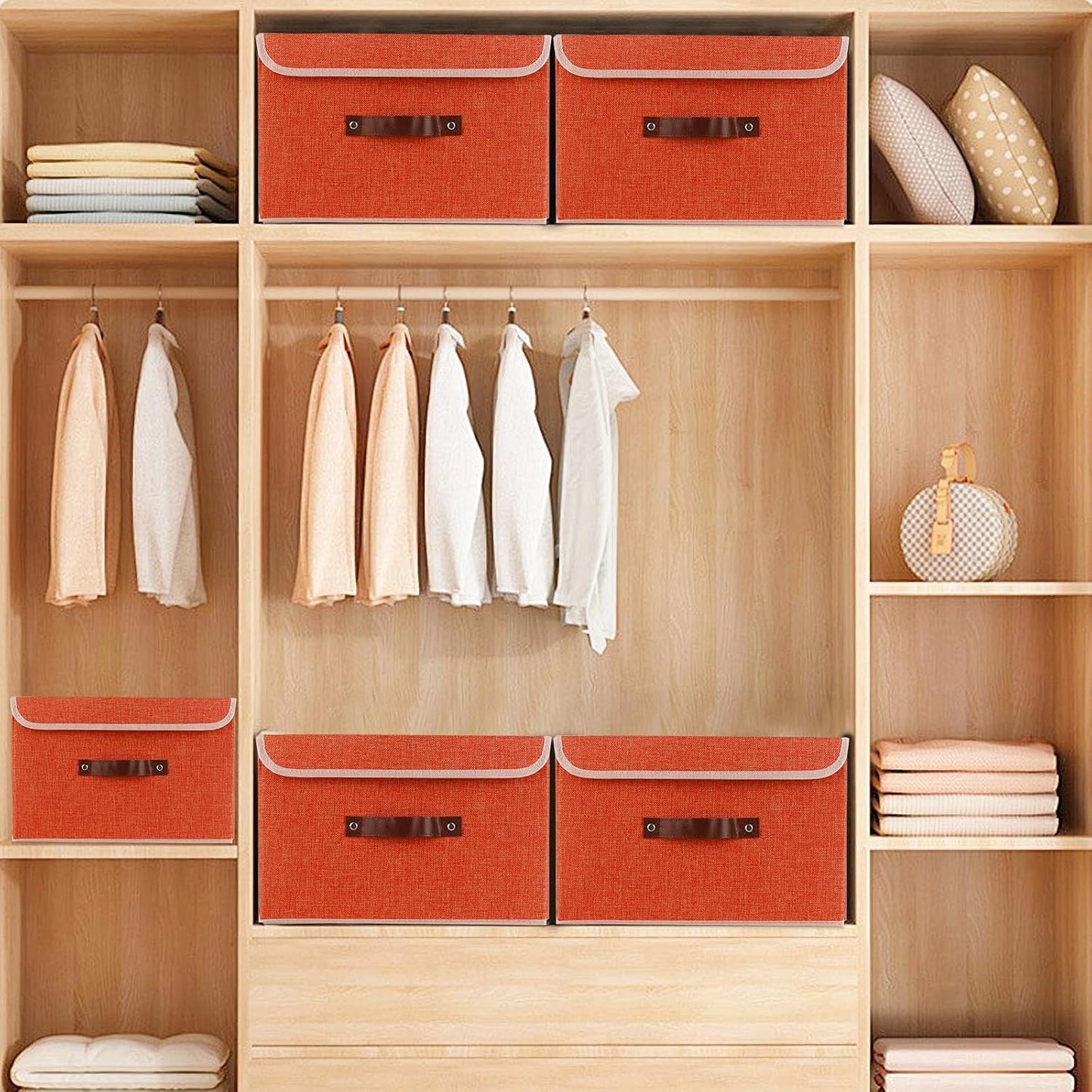 Cubo almacenamiento lino plegable con tapa naranja