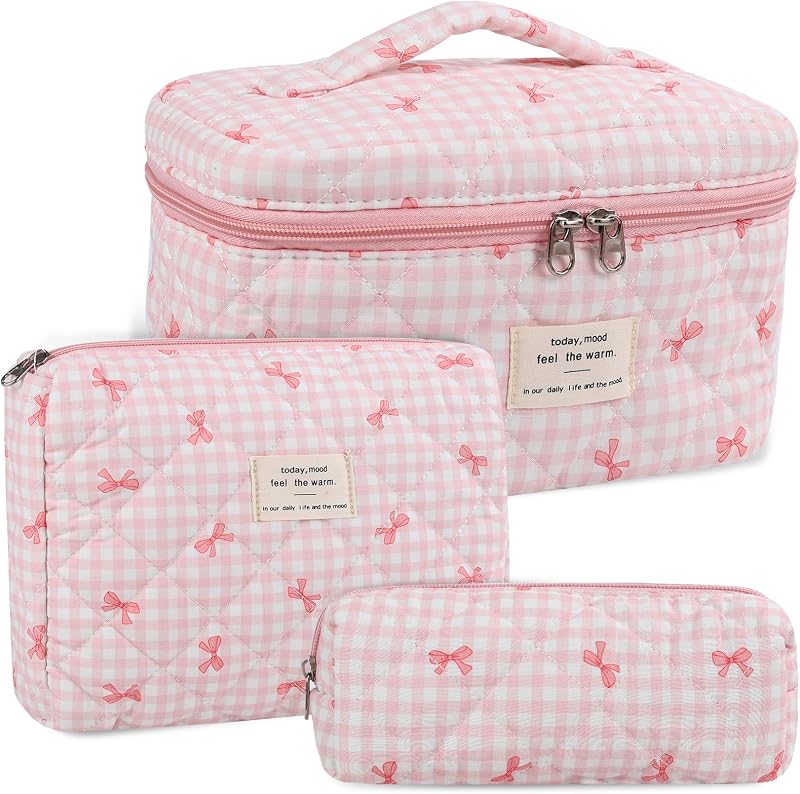 Set 3 Pzas Bolsa Maquillaje Algodón Floral Rosa