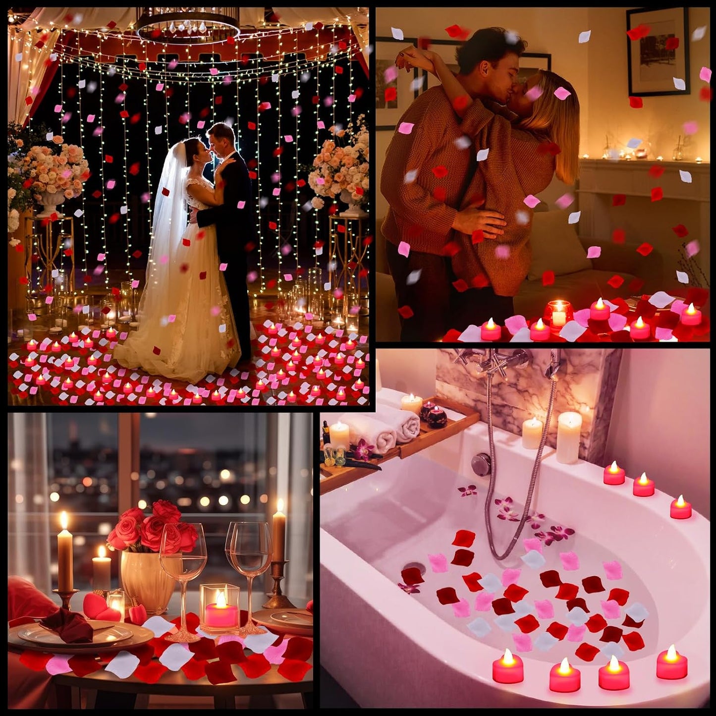 1000 Pétalos Rosa Velas LED Corazón Blanco Rojo Decoración Nocturna