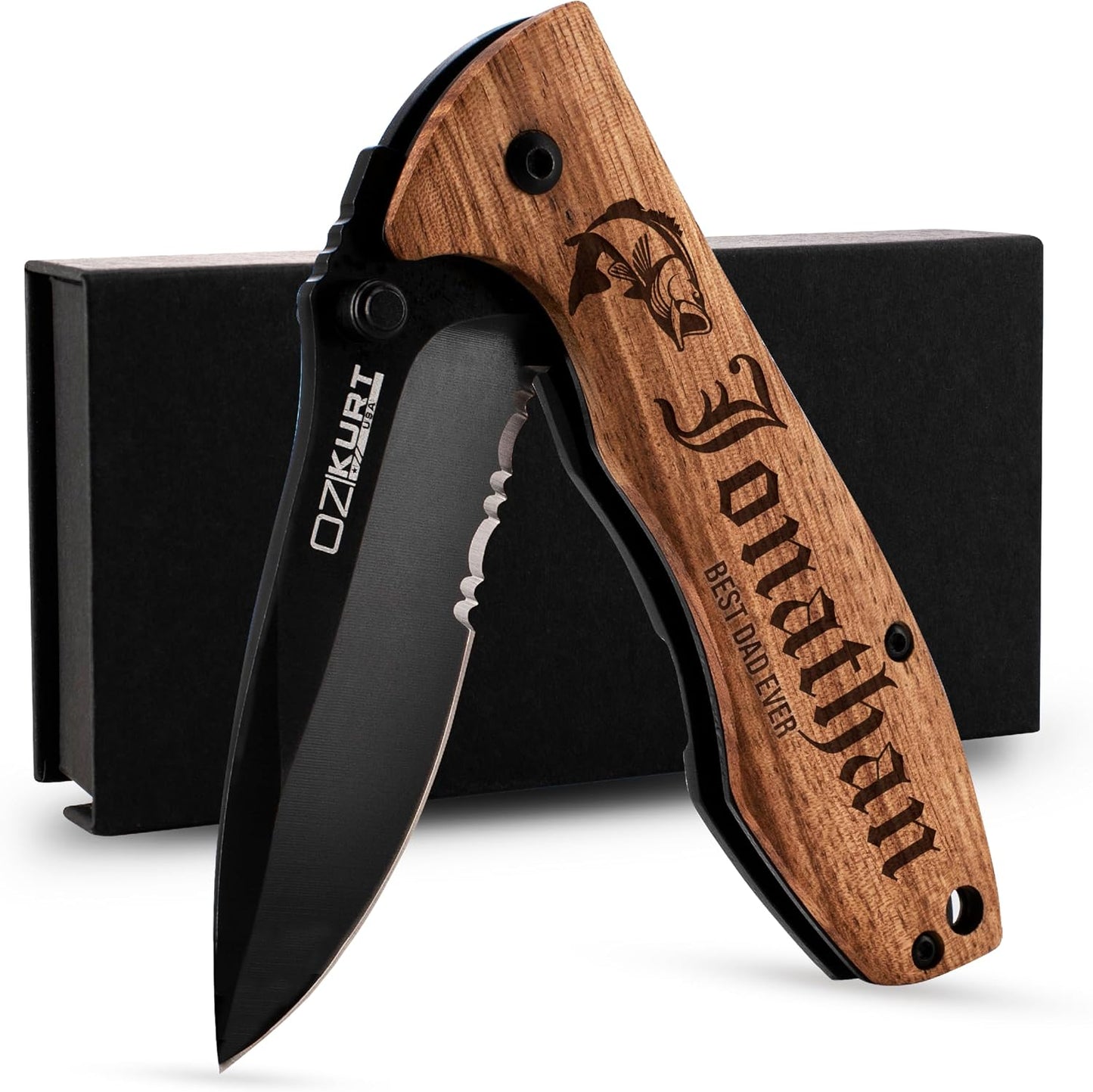 Cuchillo bolsillo madera roble grabado personalizado