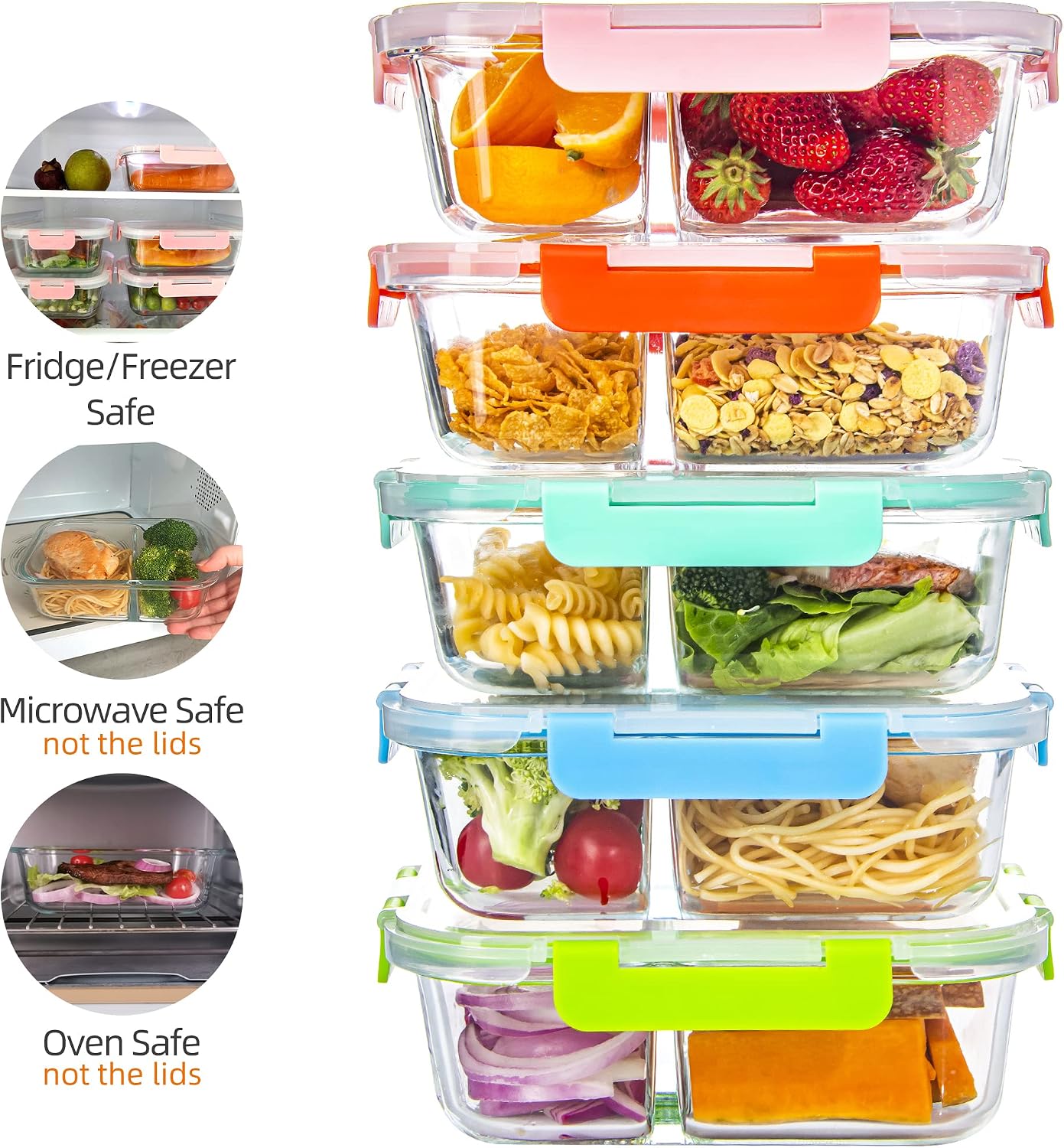 Contenedores vidrio 2 compartimentos tapas set 5 34oz