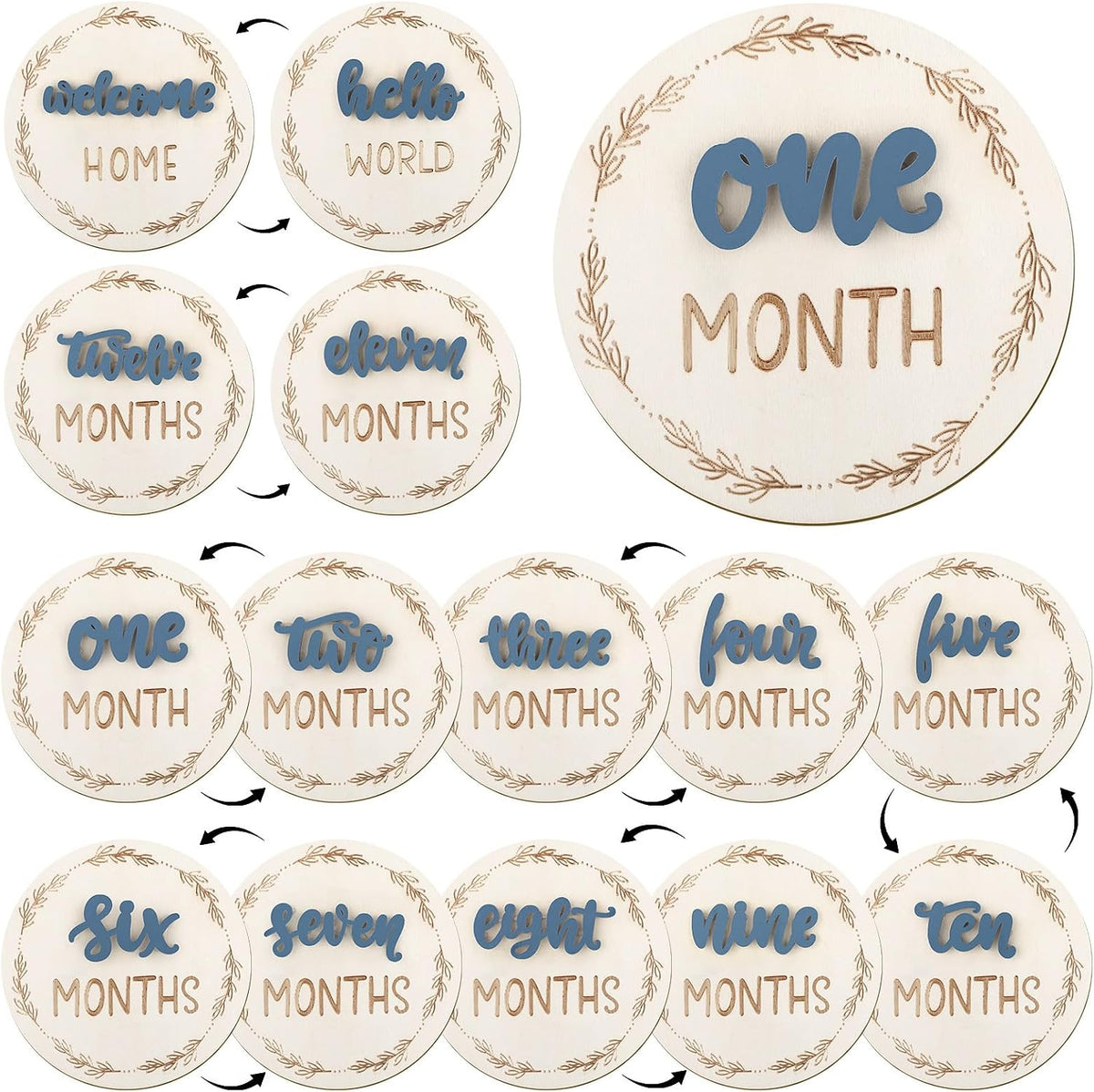Tarjetas hitos mensuales bebé madera 3D azul doble cara 1-12 meses