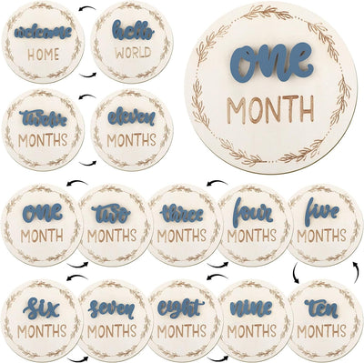 Tarjetas hitos mensuales bebé madera 3D azul doble cara 1-12 meses