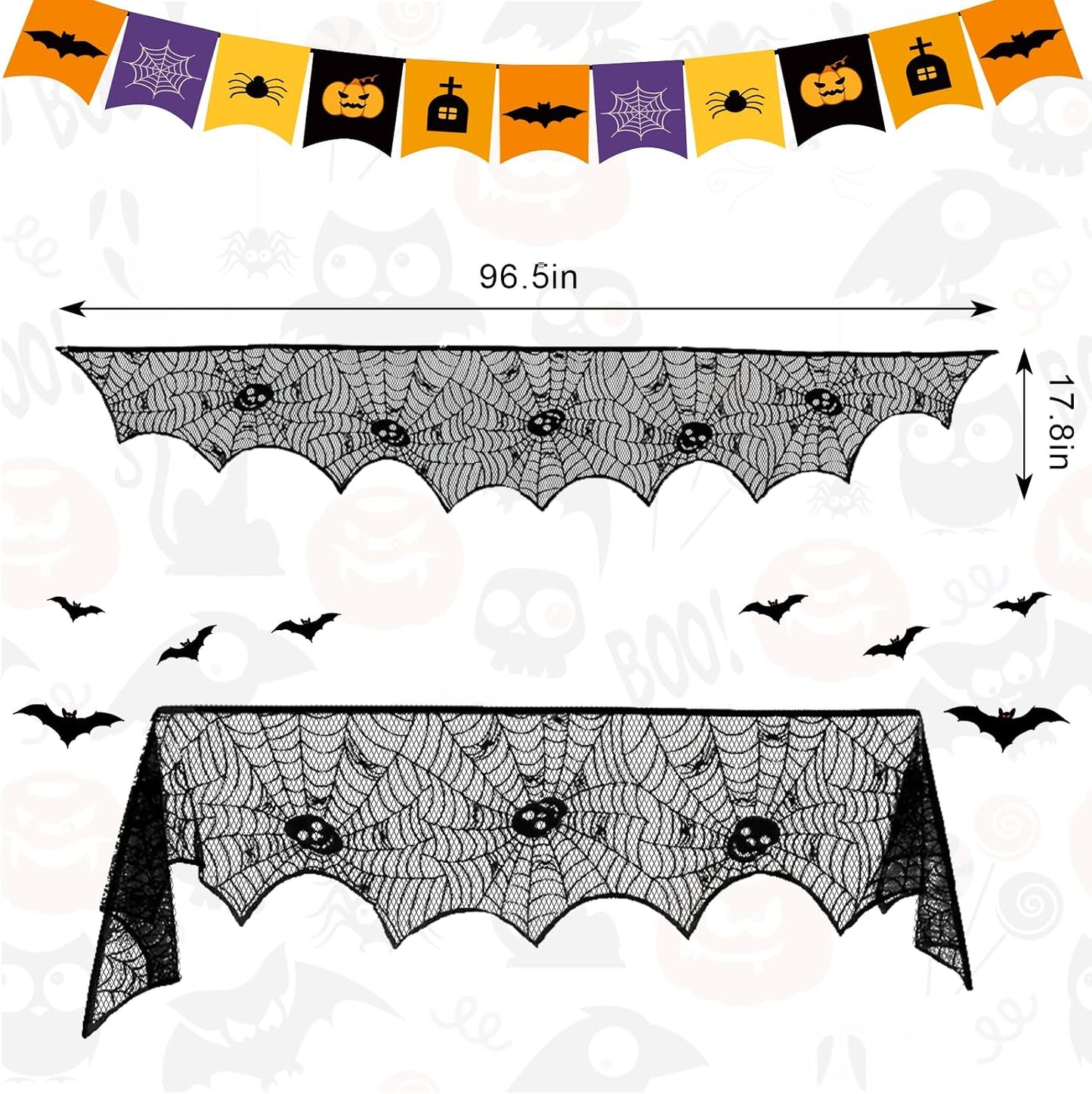 Bufanda Halloween mesa chimenea encaje negro