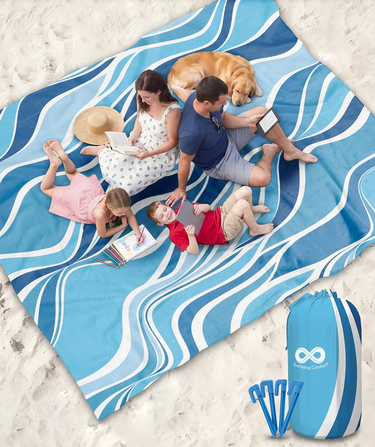 Manta playa impermeable 128x108" azul para 10 personas