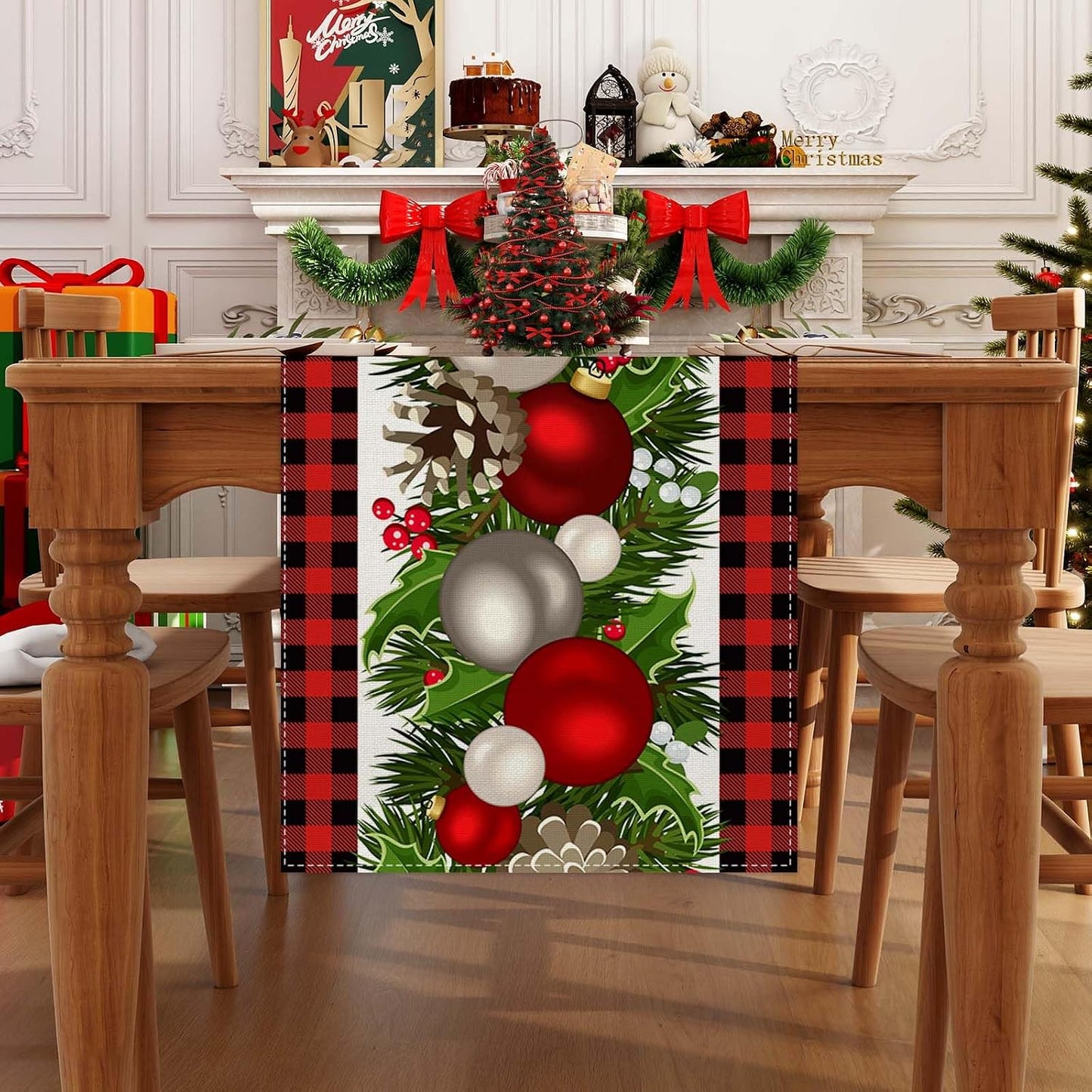Mesa navidad lino cuadros búfalo rojo y negro 108pulg estilo granja