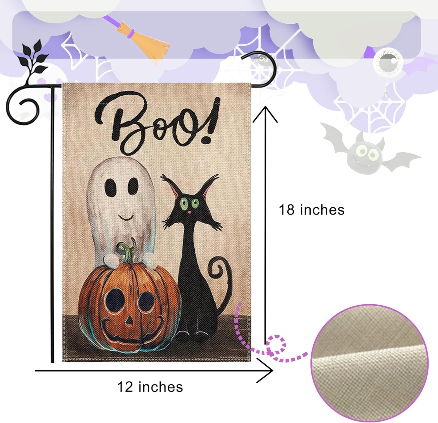 Bandera Halloween fantasma gato 12x18pulg doble cara calabaza patio