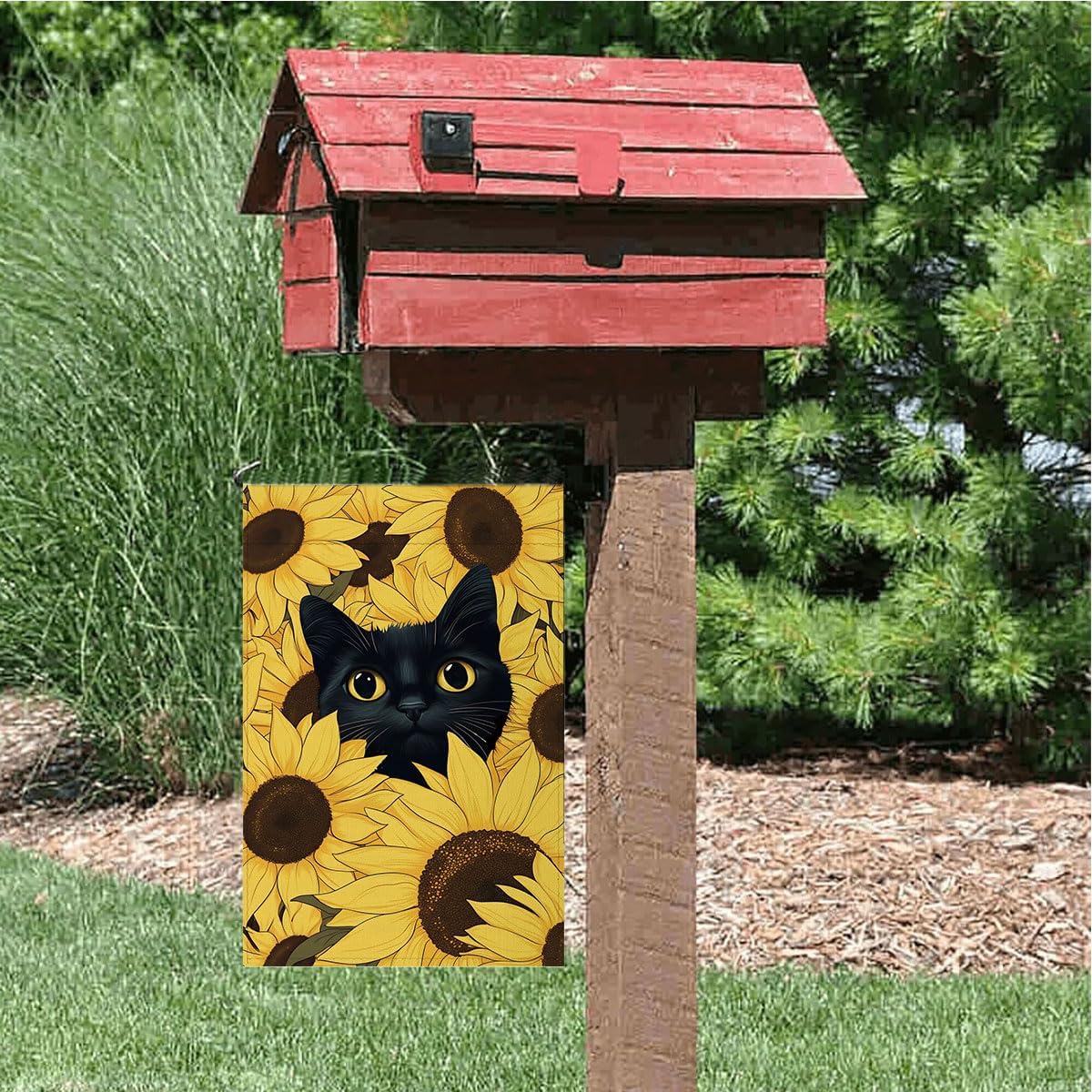 Bandera jardín gato negro 12x18" doble cara