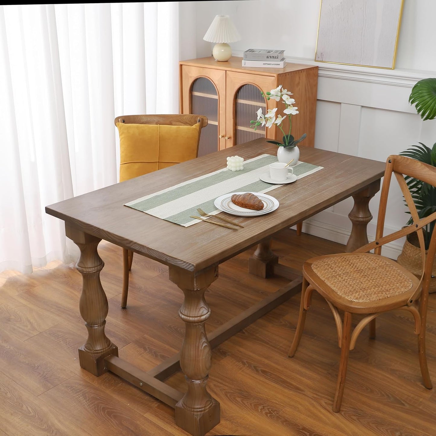Mesa Camino Bohemio Algodón Lino Rayas 24x13pulg Verde