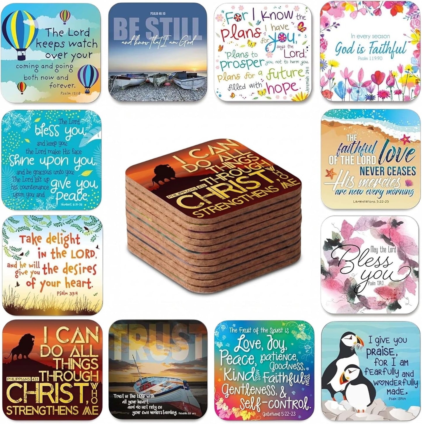 Set 12 posavasos cristianos con texto y corcho