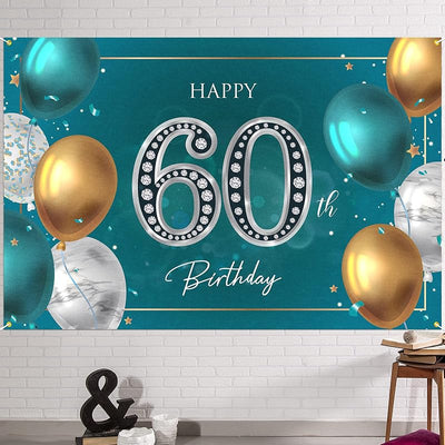 Fondo pancarta feliz 60 cumpleaños 6x4ft verde plateado