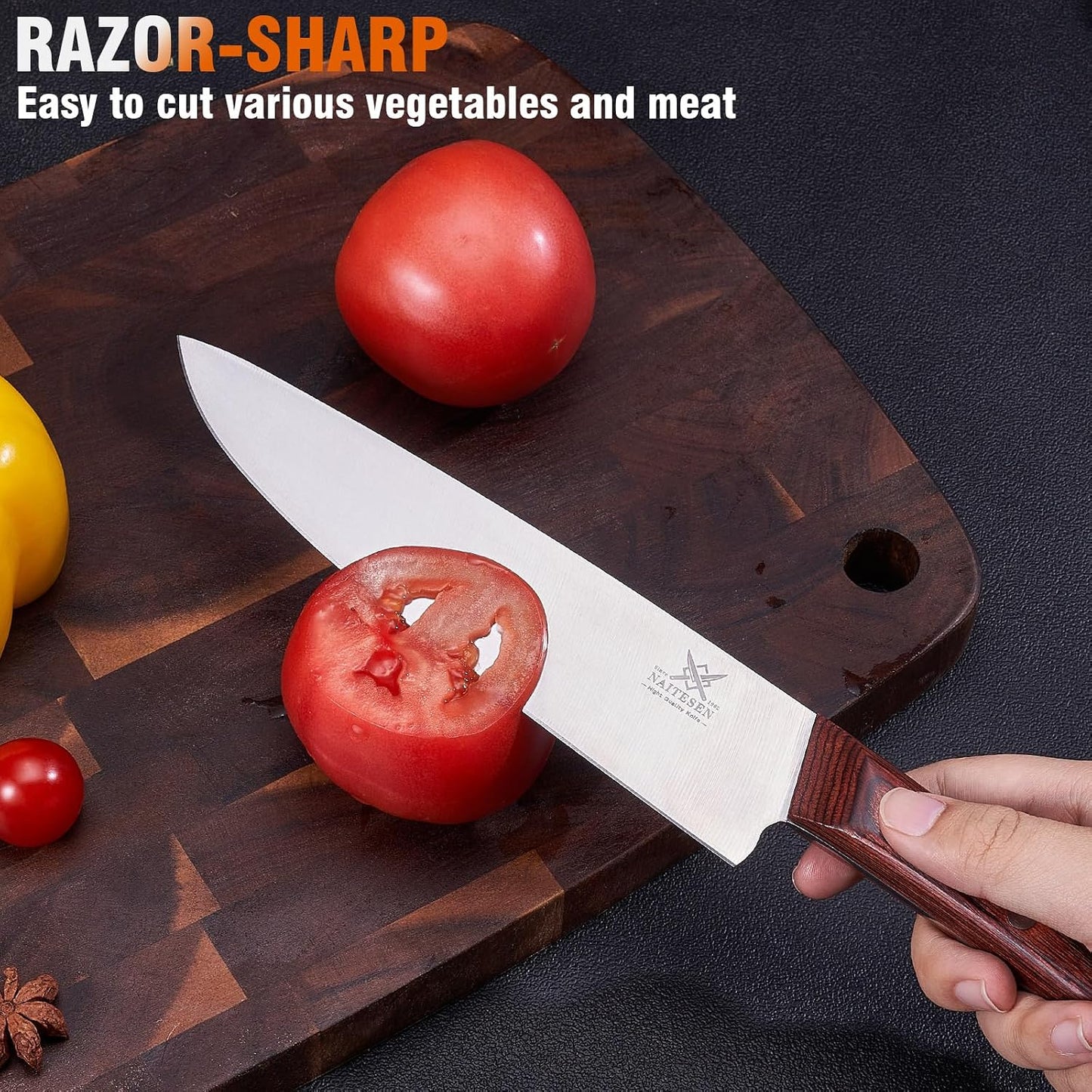Set 5 Cuchillos Chef Acero Alto Carbono Mango Madera Afilado