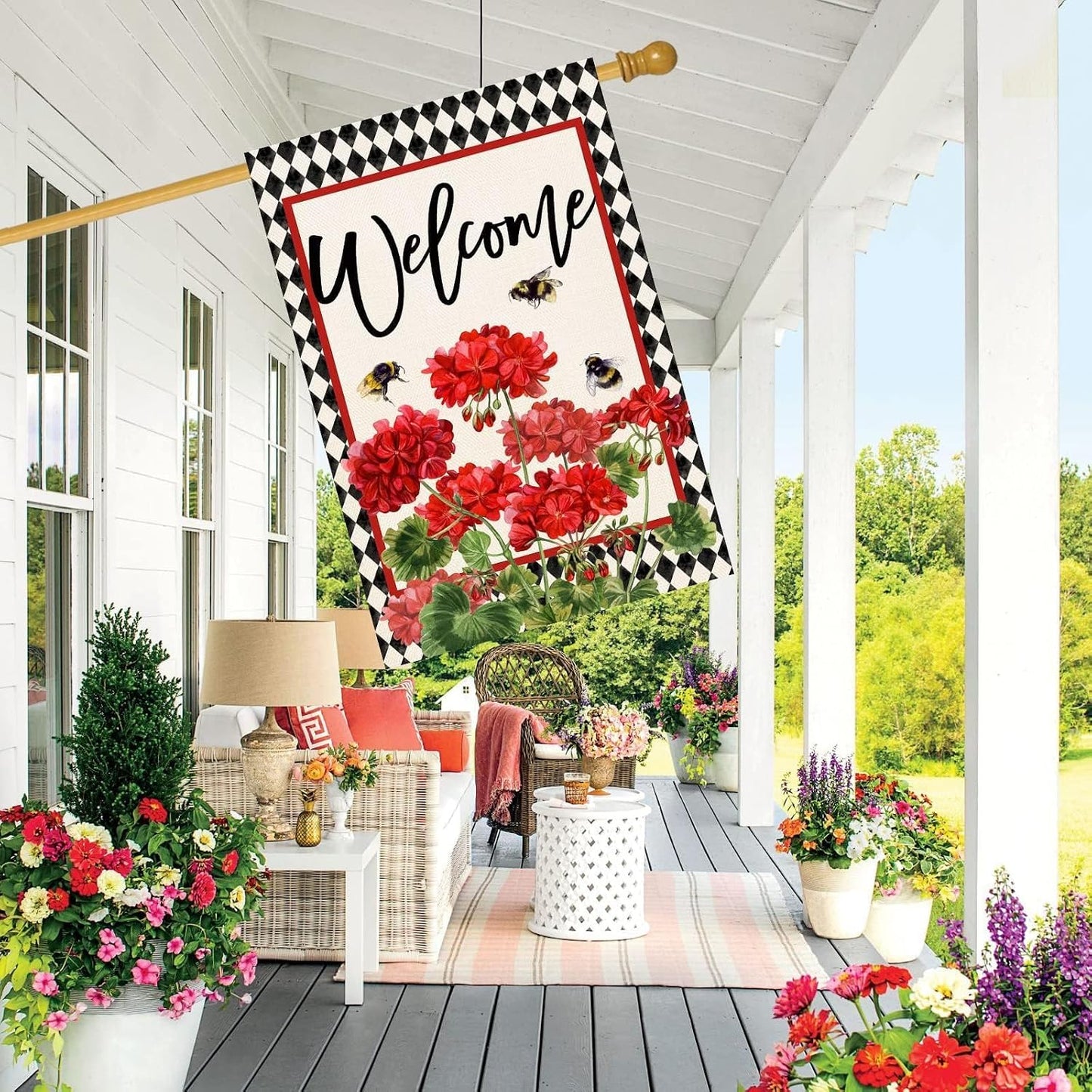 Bandera bienvenida geranio doble cara 28x40"