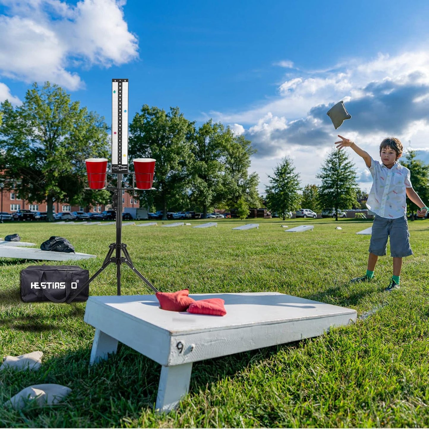 Tablero puntuación cornhole metal con soporte bebida