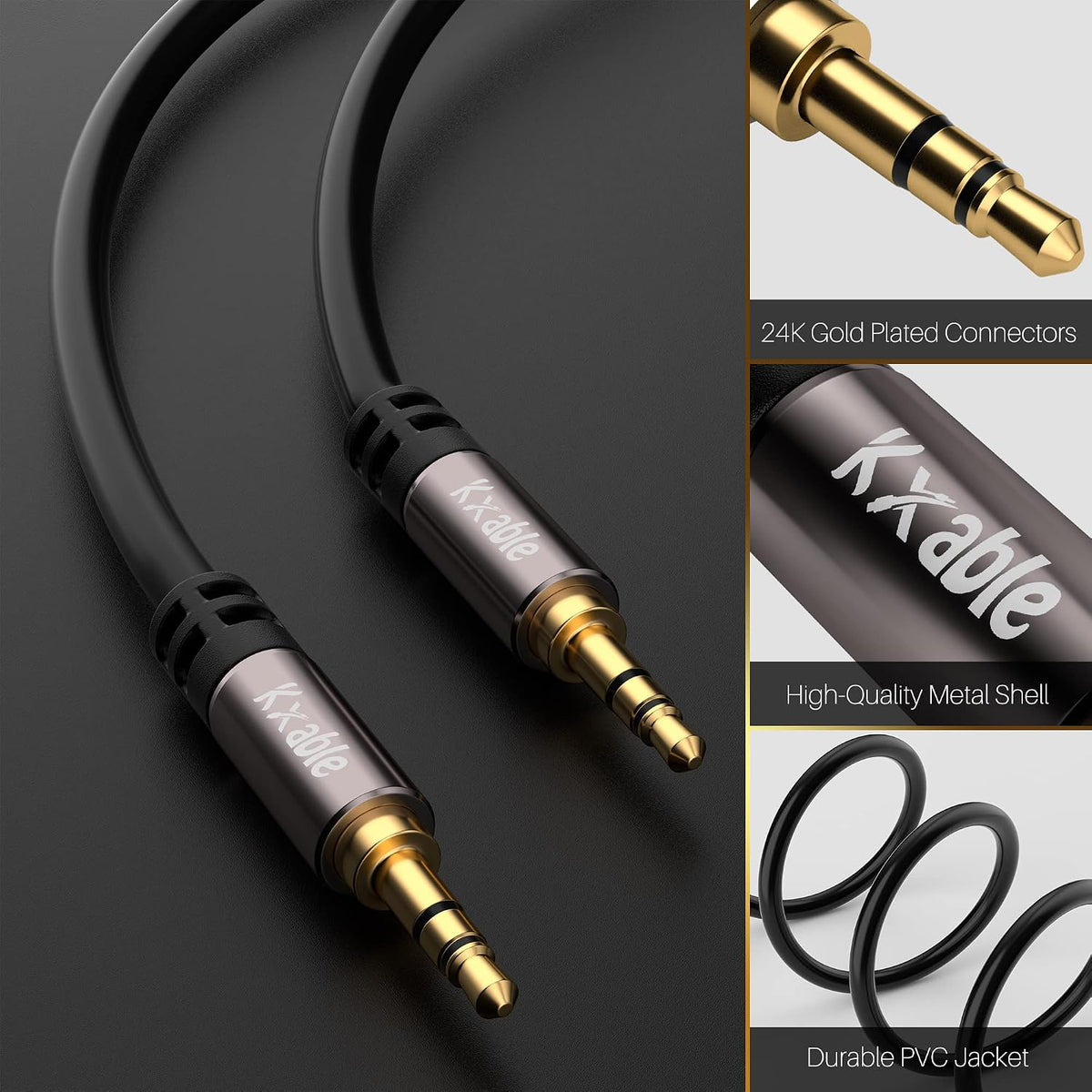 Cable audio 3.5mm 75ft OFC chapado oro negro 5 bridas