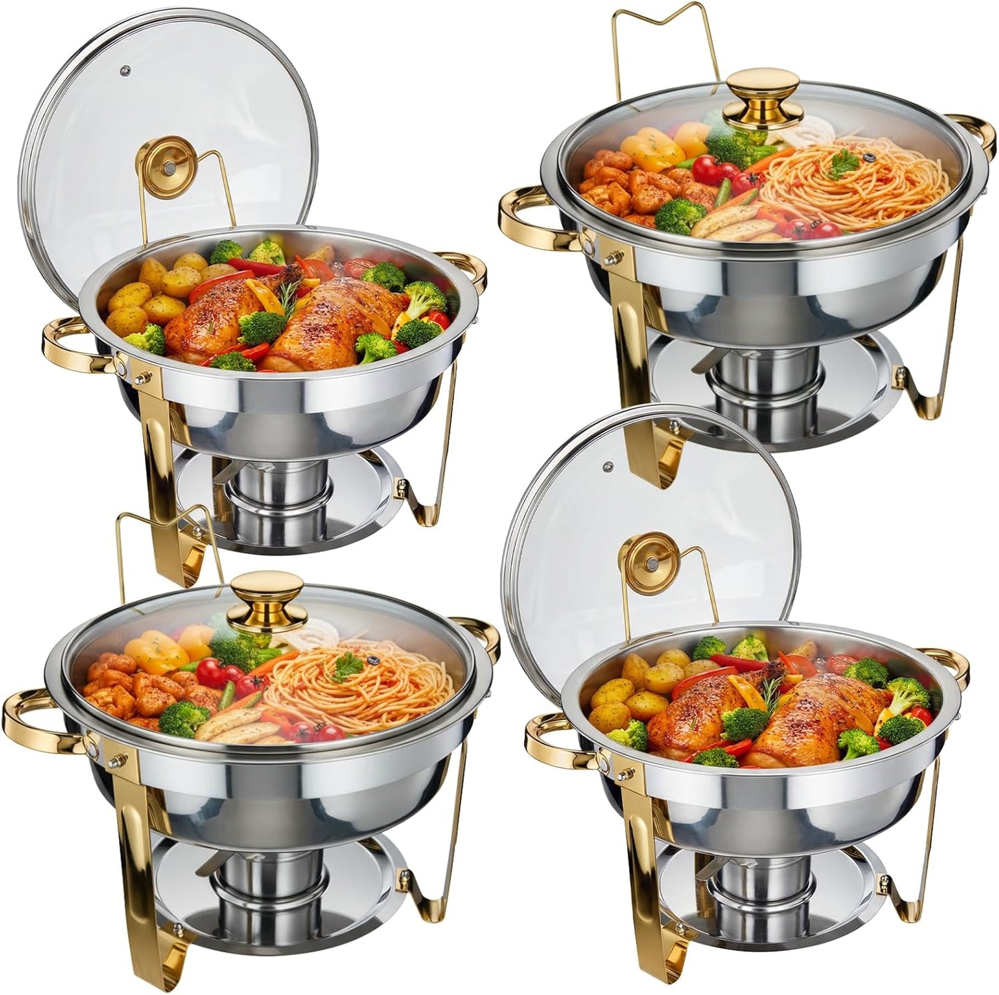 Set 4 Pzas Platos Acero Inox con Tapas Vidrio Calentador Bufé