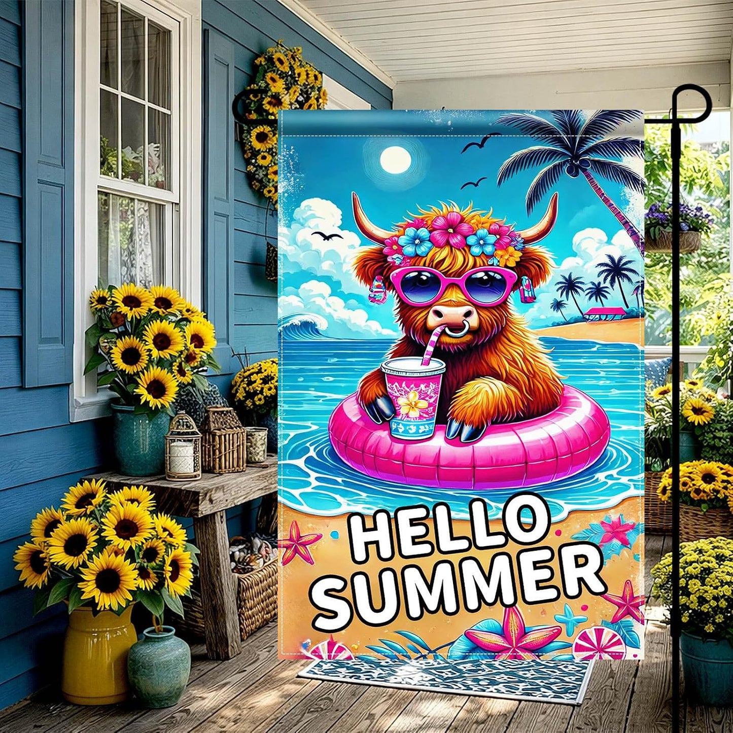 Bandera jardín doble cara hello summer 12x18pulg tropical
