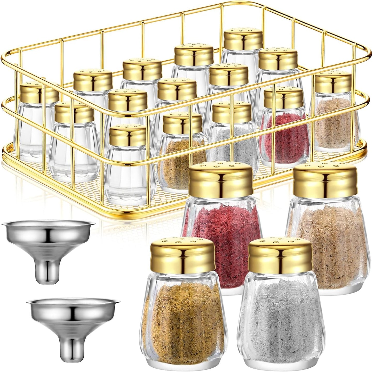 20 Pzas Salero Pimentero Vidrio 0.5oz con Estante Dorado