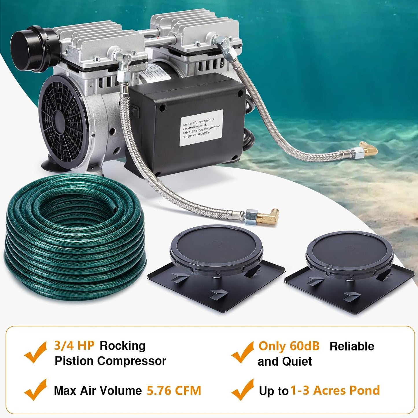 Kit aireador estanque 3/4 HP 5.76 CFM tubo 100 pies 2 difusores