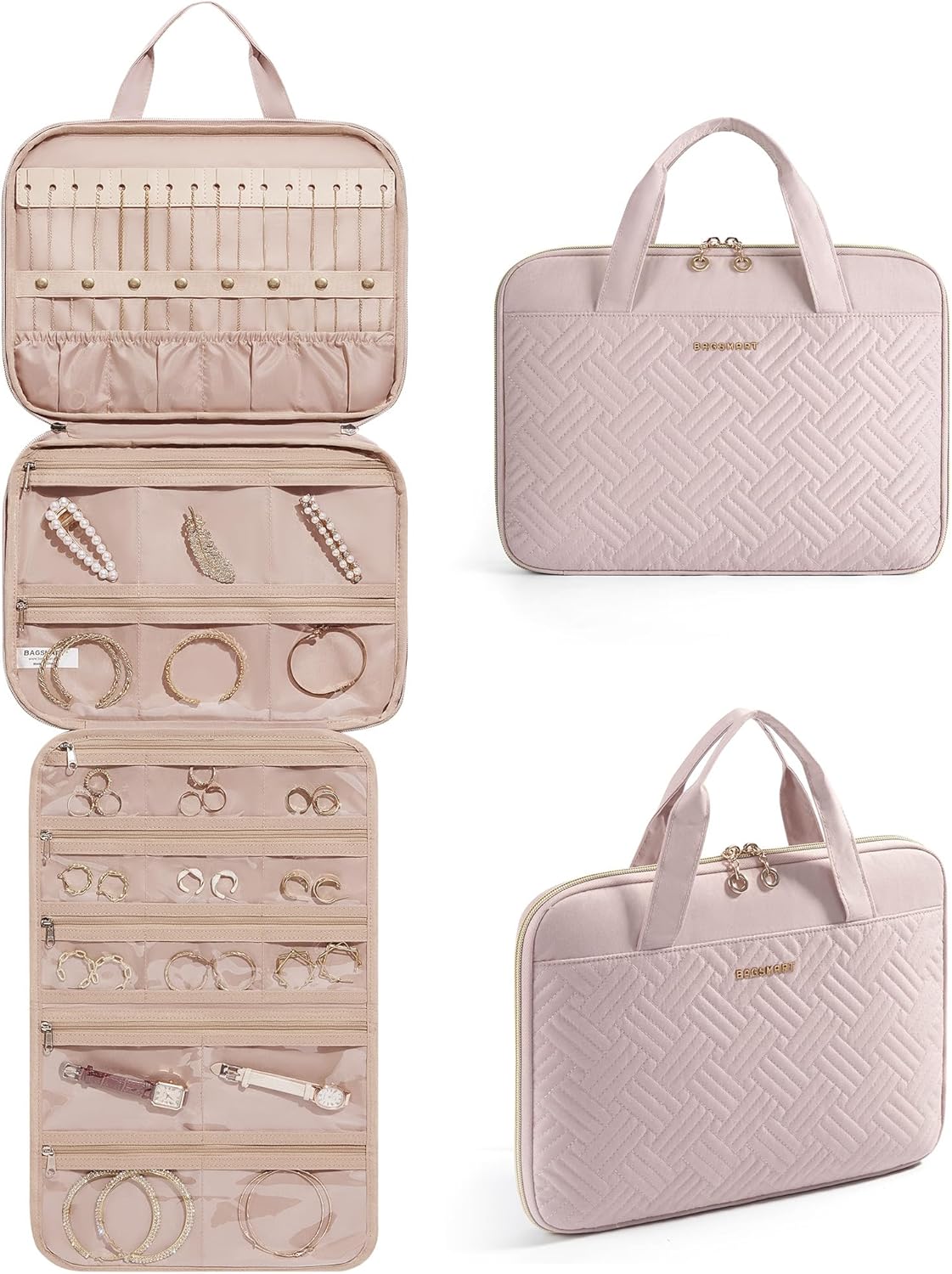 Bolsa joyas colgante con cremallera gran capacidad rosa