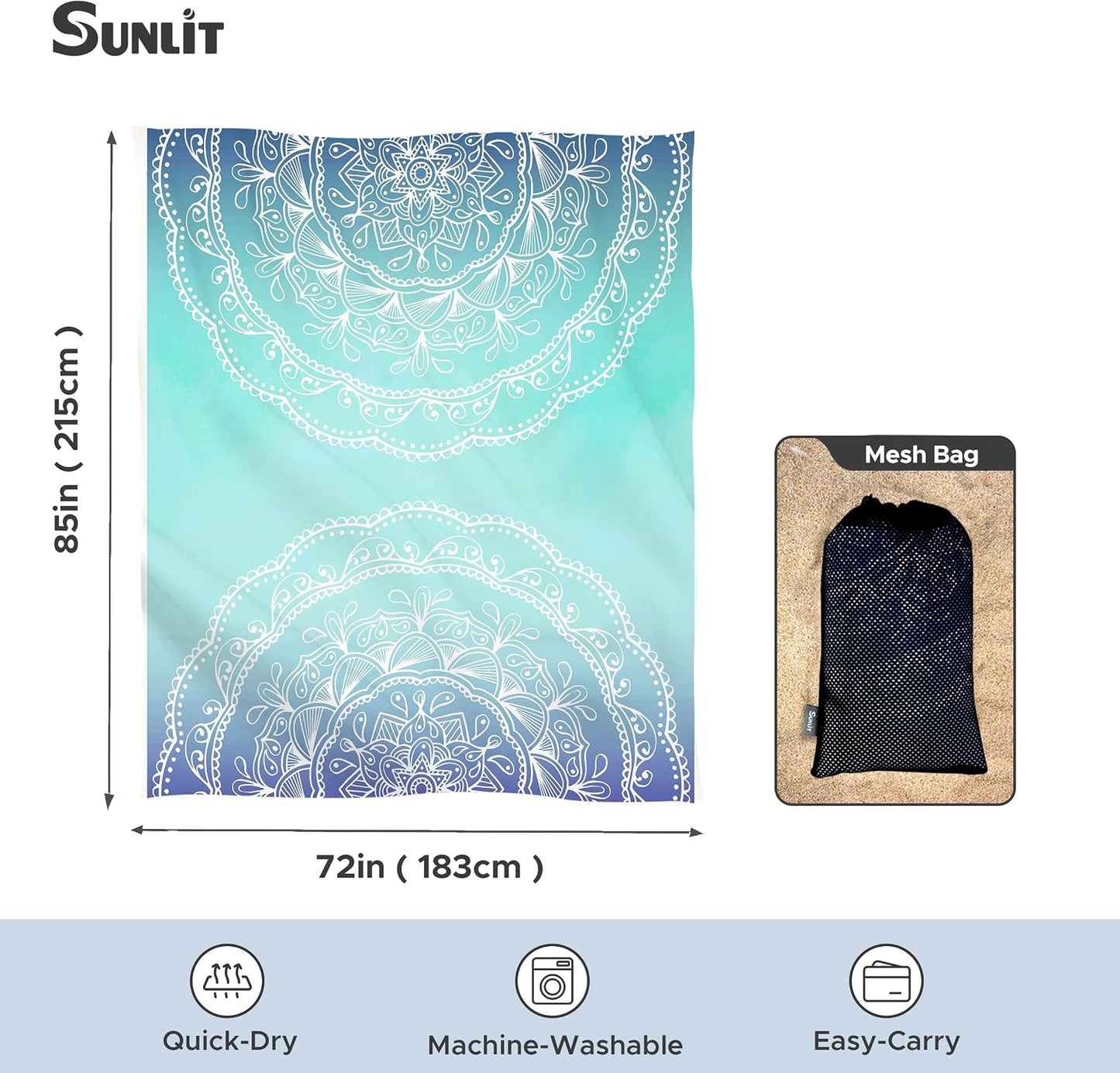Manta playa suave 106x81pulg con bolsillos malla diseño mandala