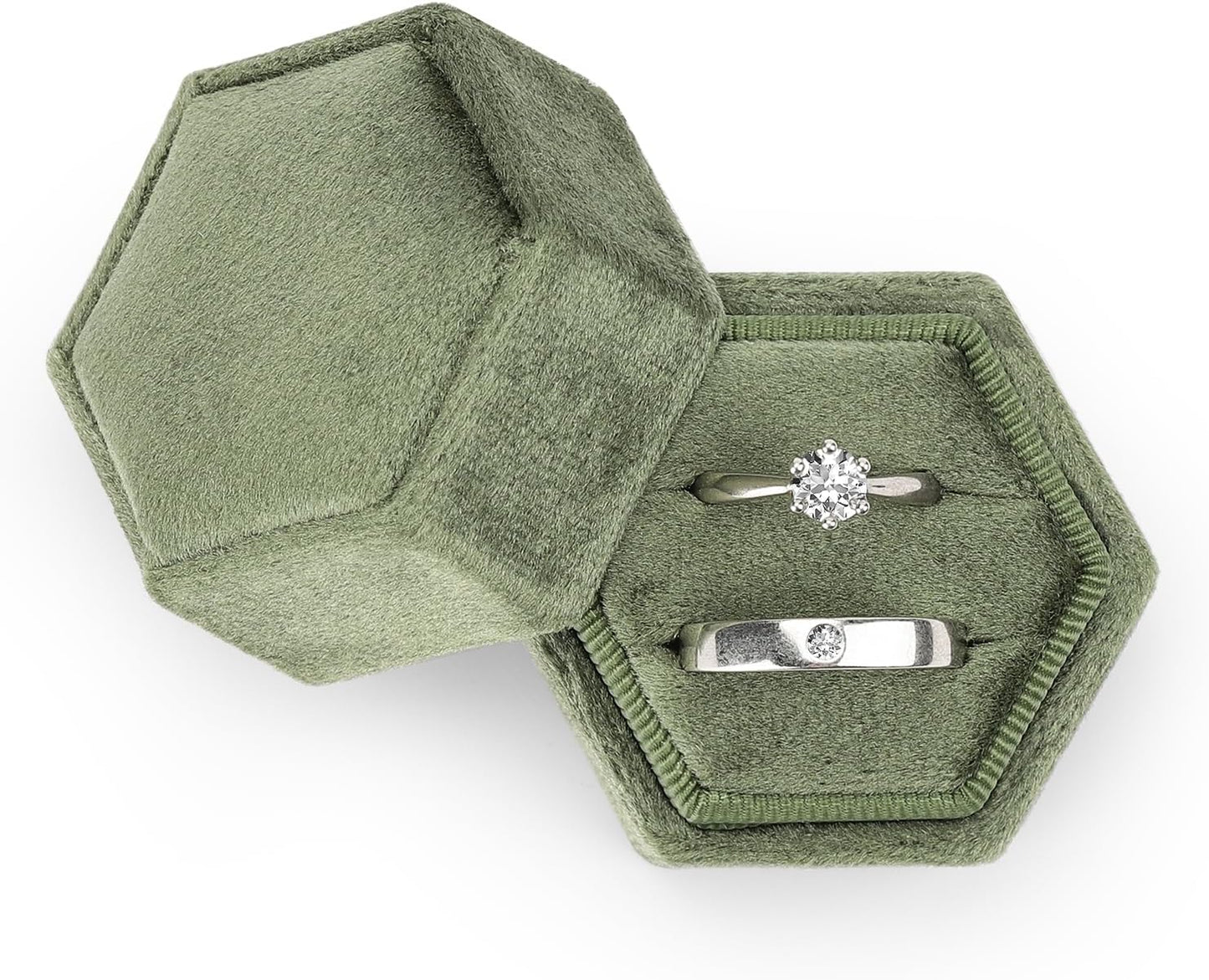 Caja anillos terciopelo vintage doble tapa desmontable verde