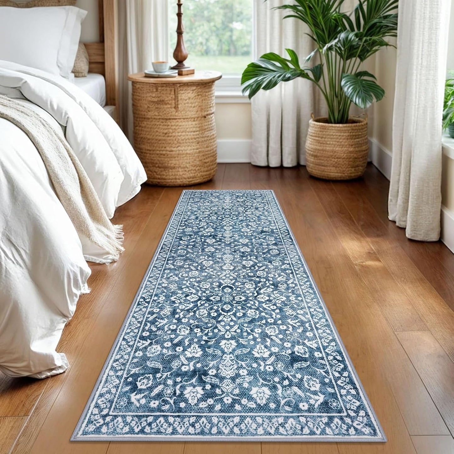Alfombra pasillo 2x6ft color azul blanco antiderrap lavable