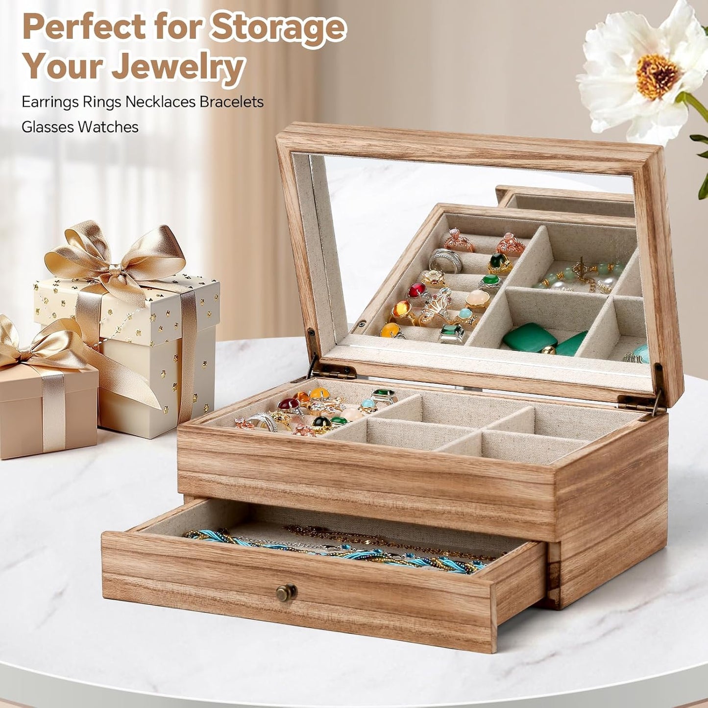 Caja organiz. joyas madera rústica con espejo y bandeja