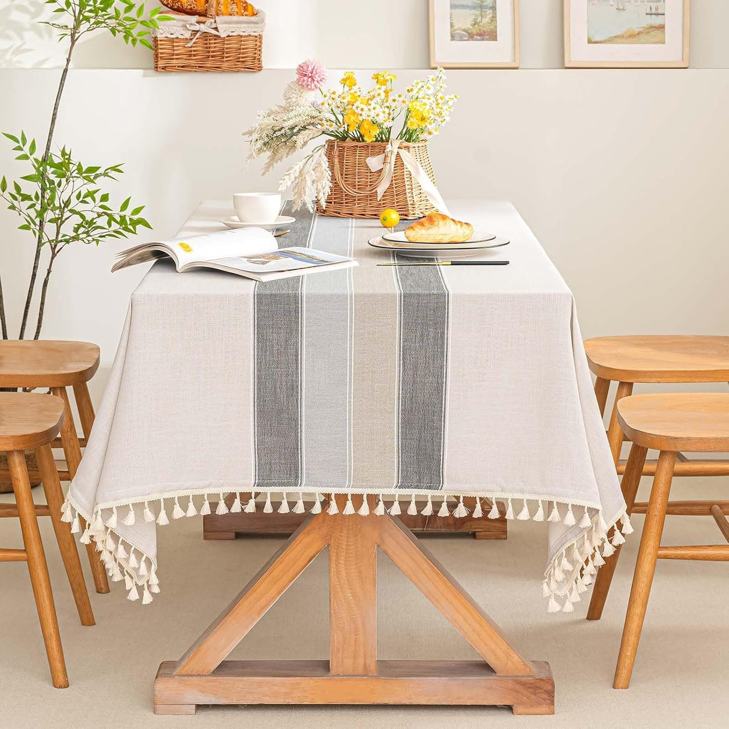 Mantel algodón lino impermeable gris rayas 55x102pulg
