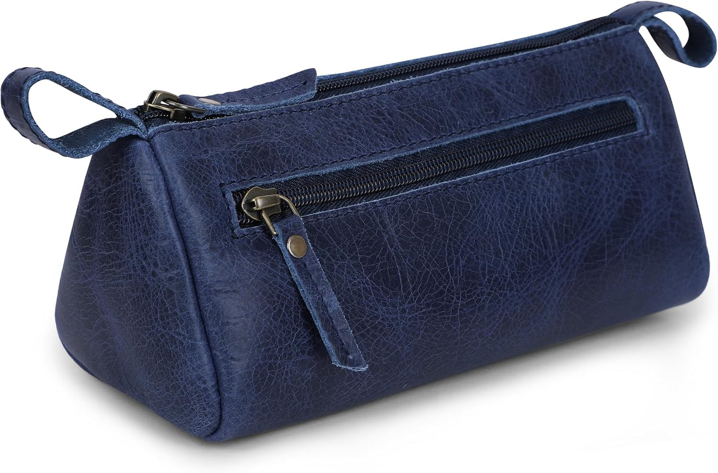 Bolsa maquillaje cuero genuino con cremallera azul