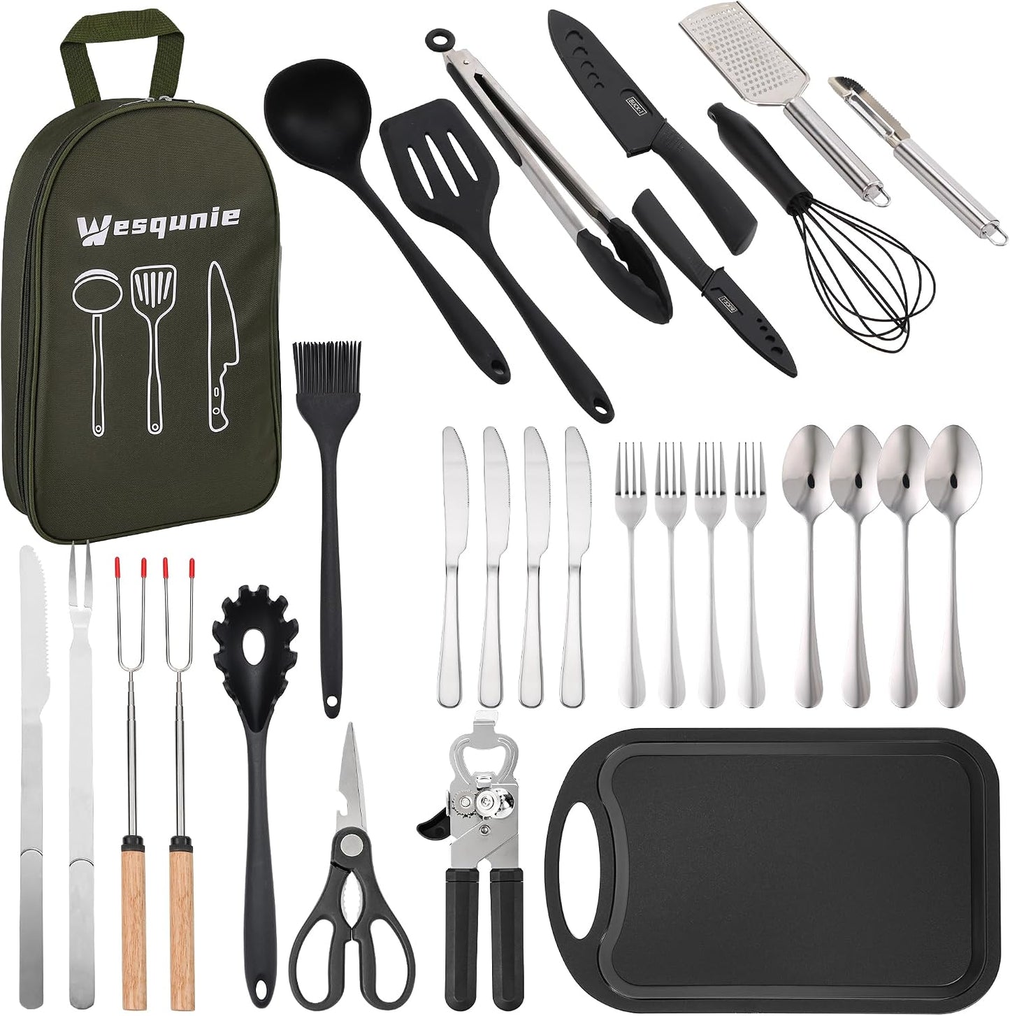 Set Utensilios Acero Inox y Silicón para Camping y Cocina