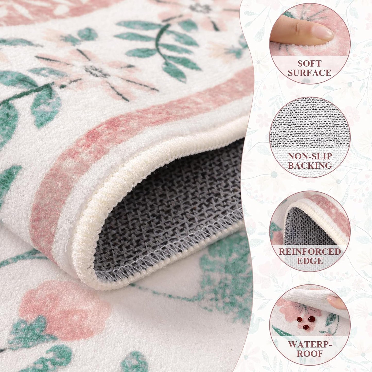 Alfombra floral rosa 5x7pulg antiderrap lavable
